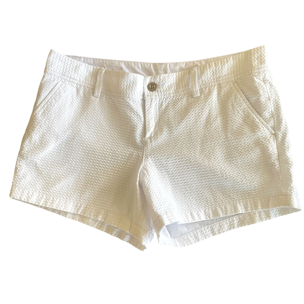 LILLY PULITZER Callahan Size 14 White Gold Textured 100% Cotton Front Zip Shorts
